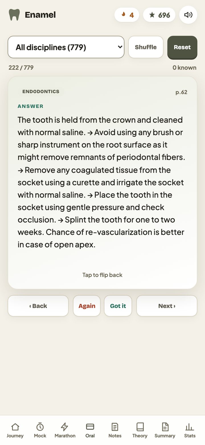 An oral-exam flashcard in Enamel, with Again and Got it buttons